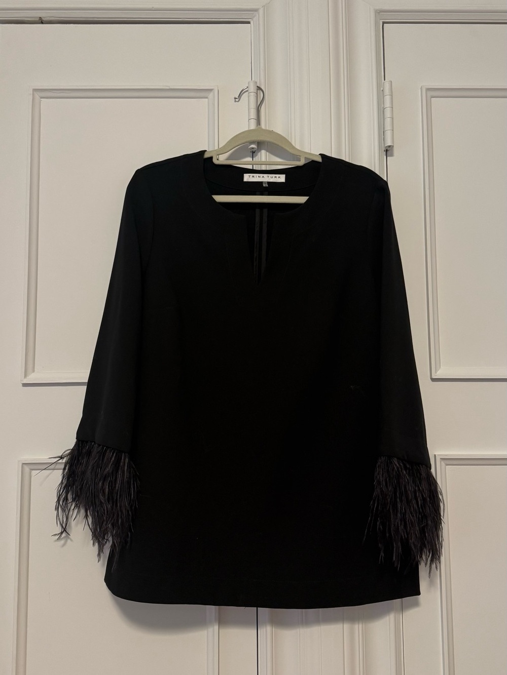 Trina Turk Black Long Sleeve Tunic Top with Ostrich Feather Cuff Detail